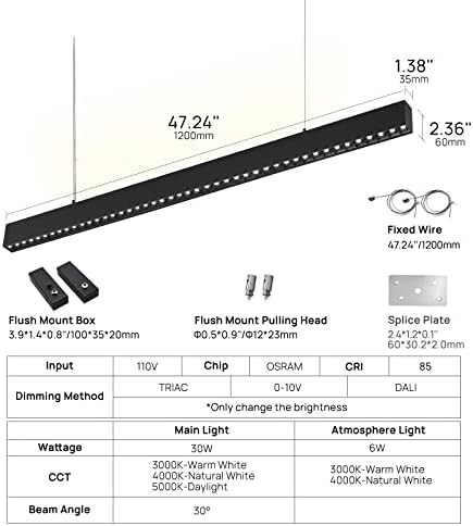 SCON TRIAC 4FT Szabályozható Lineáris Medál Linkable LED Felfüggesztett Világítás 3000K Hangulat Lámpa 36W Modern Lámpatest