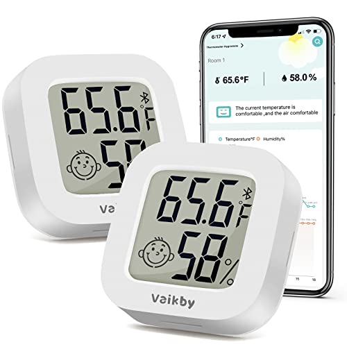 Vaikby Bluetooth Hőmérő Páratartalommérő 2Pack, Okos Páratartalom Mérő Remote App Ellenőrző Monitor, Beltéri Szoba Hőmérő