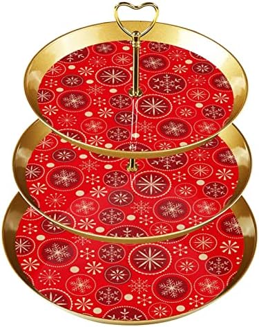 DragonBtu 3 Tier Muffin Állvány Arany Rúd Műanyag Többszintű Desszert Torony Tálca Piros Karácsonyi Minta Gyümölcs Édesség