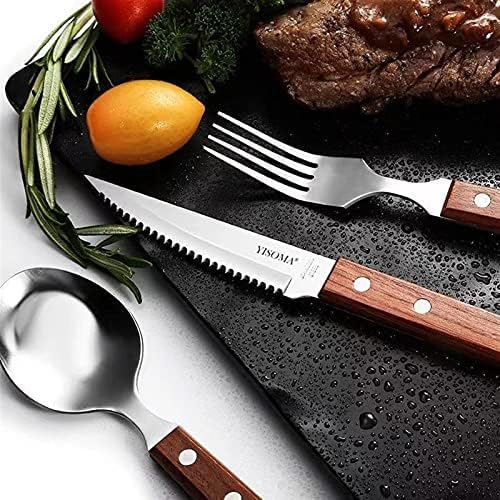 A fa fogantyú rozsdamentes acél steak kés, villa villa nyugati ételeket kés, villa kanál készlet három darab asztali nyugat-fo