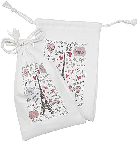 Ambesonne Eiffel-Torony Szövet táska 2, Párizs Betűkkel Szív alakú Zászló Díszes Vázlatos Doodle, Kis Zsinórral Táska Pipere