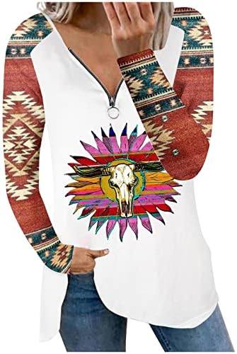 Női Alkalmi Cipzár V Nyakú Pólót Vintage Western Azték Etnikai Nyomtatás Maximum Plusz Méretű Hosszú Ujjú Tunika Blúz, Póló