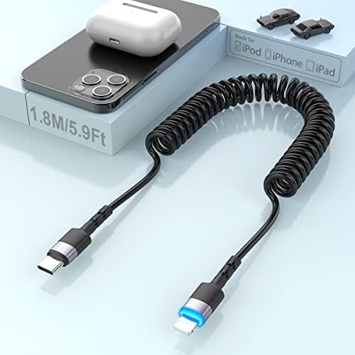 Tekercselt USB-C-Lightning Kábel [Mpi Hitelesített & CarPlay Kompatibilis], Apple Lightning Spirál Kábel 6FT Kábel Adatátvitel