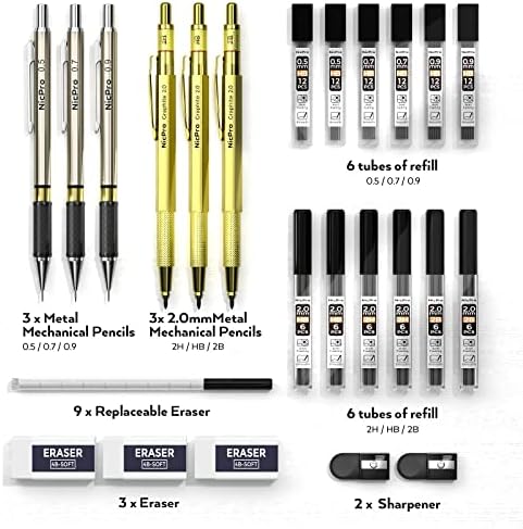 Nicpro Arany Mechanikus Ceruza Készlet, 3 DB Fém Elkészítése Ceruza 0.5 mm & 0,7 mm & 0.9 mm & 3 DB 2mm Grafit elvezetés